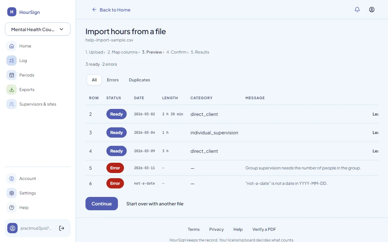 The import preview in HourSign: five rows from a file, three marked ready with their date, length and category, and two marked error with the reason, such as a date that is not in YYYY-MM-DD form.