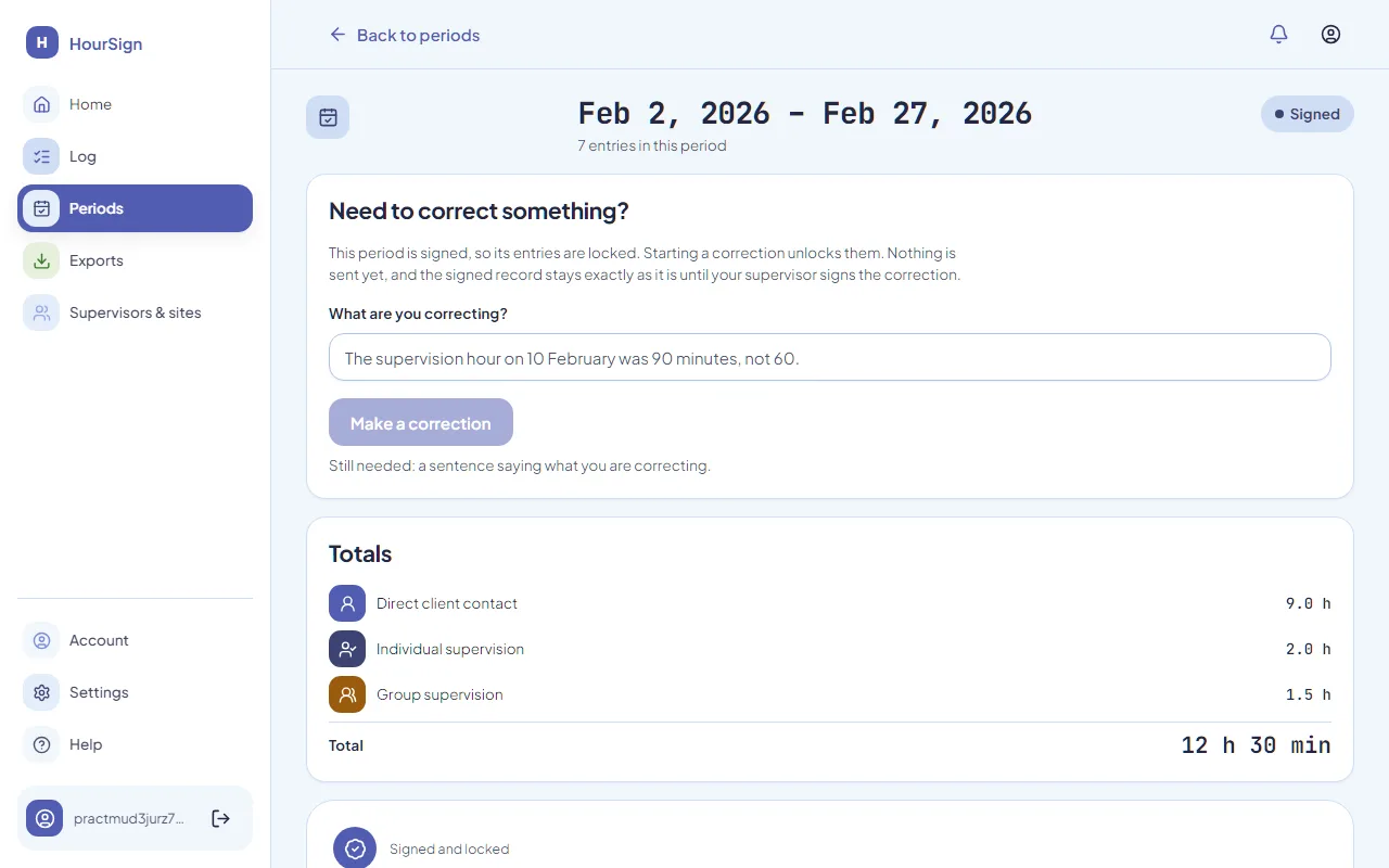 A signed reporting period in HourSign: the entries are locked and the totals are shown per category.